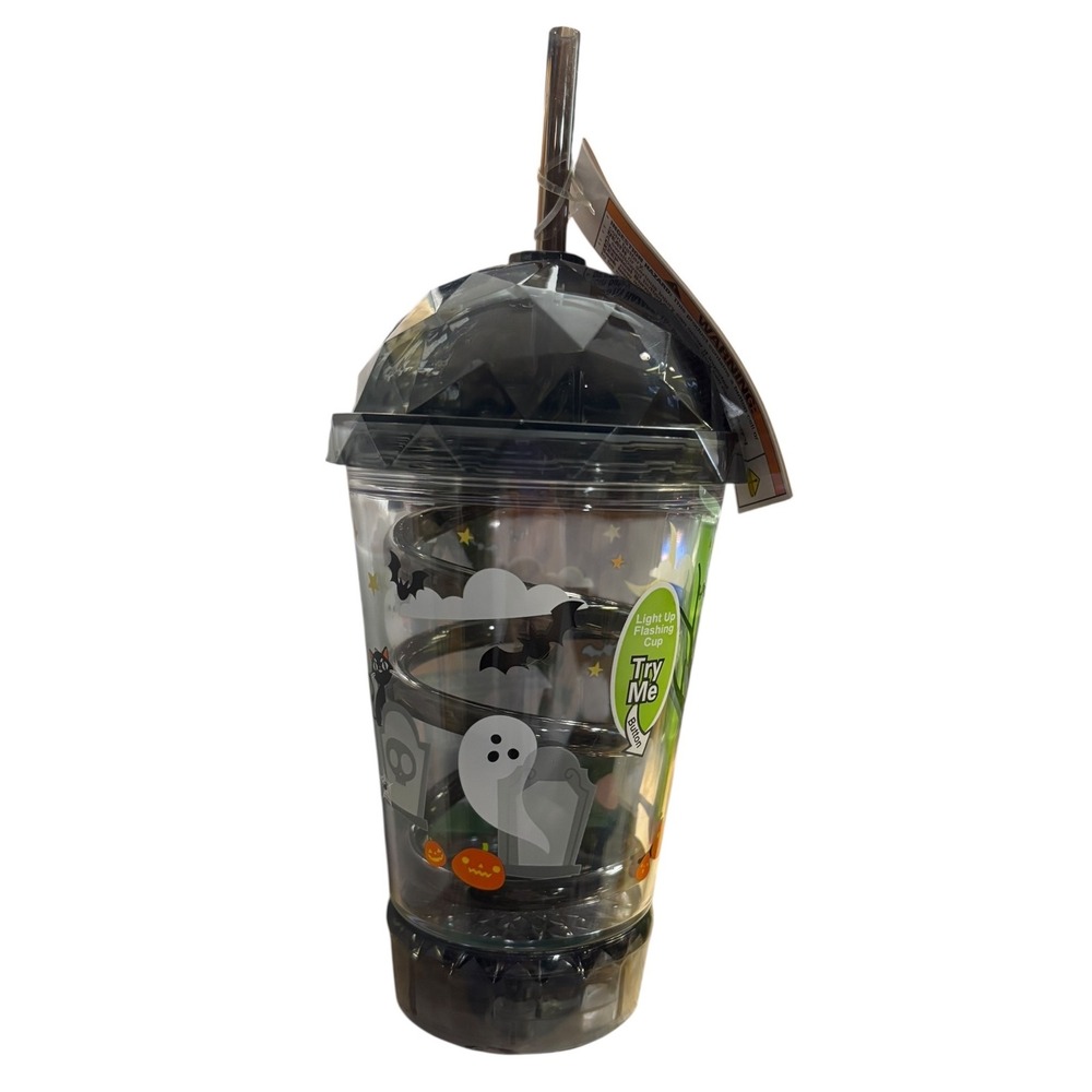 Halloween Light Up Flashing Black & White Dome Tumbler‎ Cup with Straw NEW